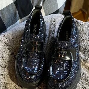 Sparkling Sequin Loafers with Glossy Bow